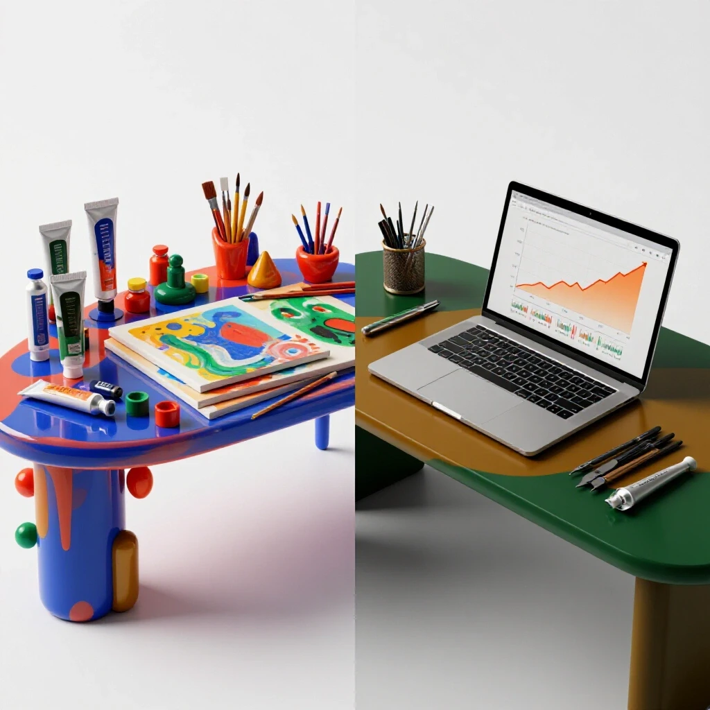 Split scene showing an expressive artist studio with vibrant tools on one side and a sleek designer workspace with growth charts on the other, atop a bright white background.