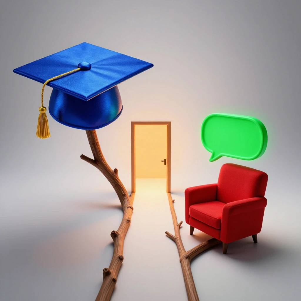 Two contrasting paths—an academic cap and a counseling chair—merge toward a bright open doorway.