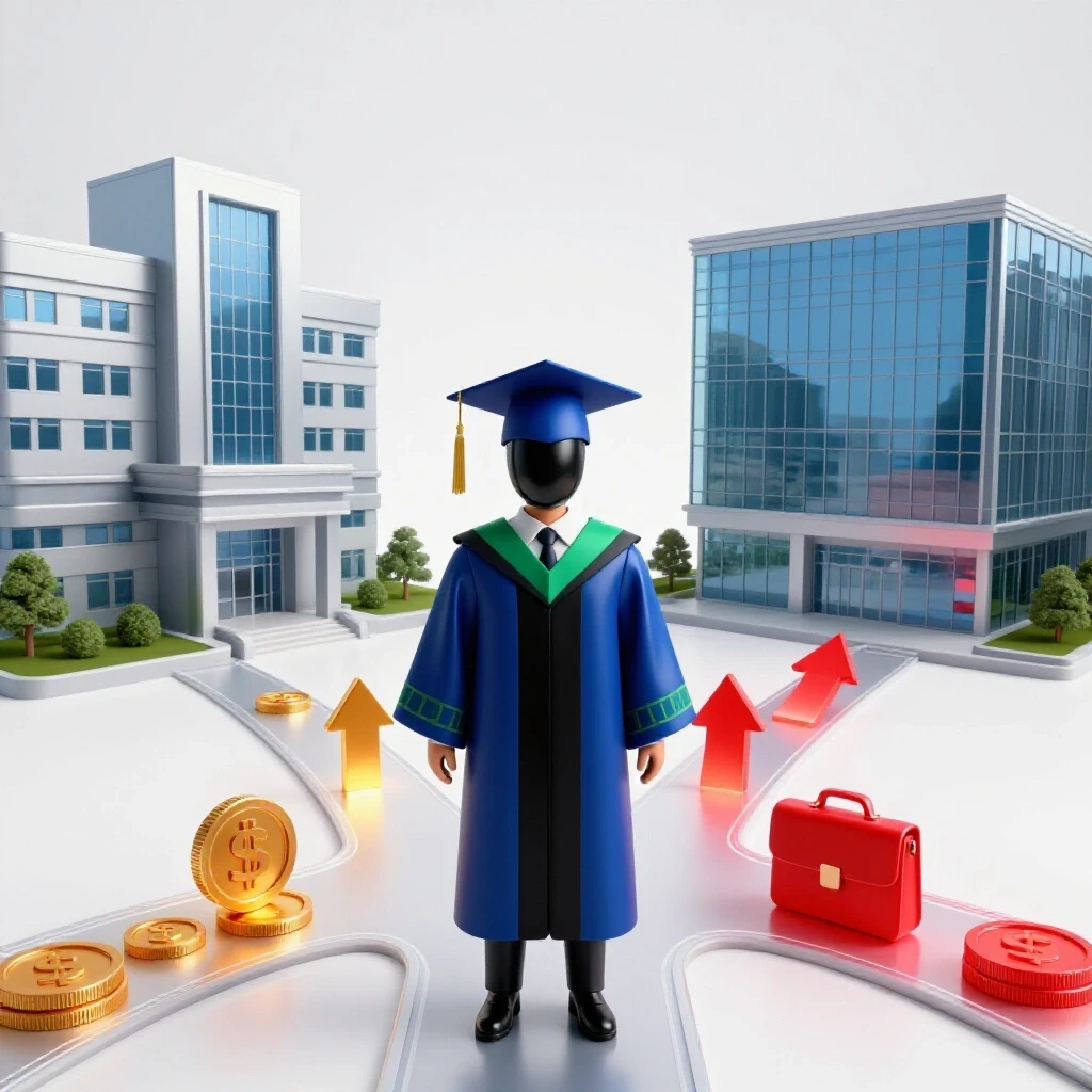 Central graduate cap and gown at a crossroads, paths leading to a hospital and a corporate office with glowing career symbols.