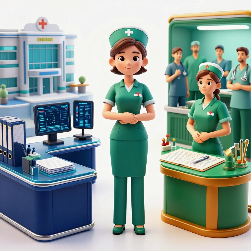 Split scene showing a hospital administrator’s desk opposed to a nurse leader’s command station with vibrant, contrasting colors.