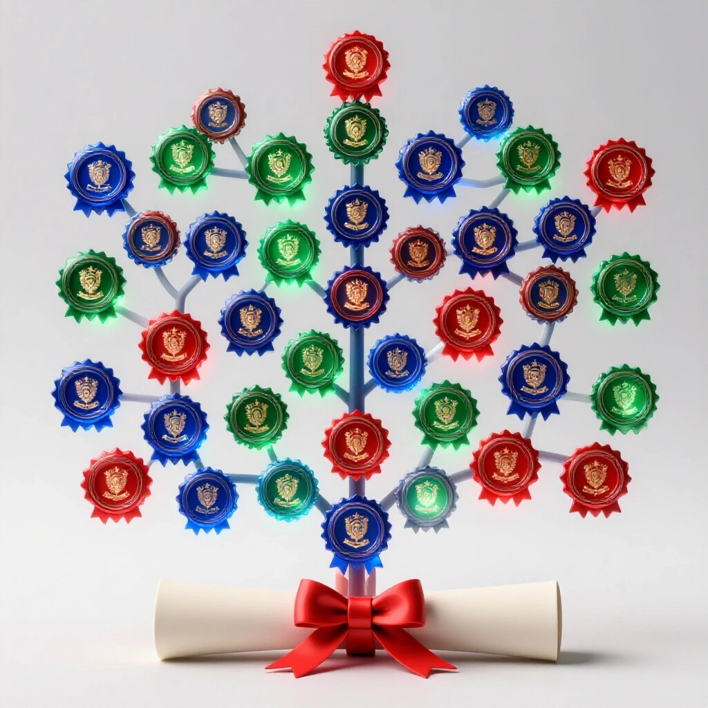 A traditional diploma morphs into vibrant, glowing digital badges on branching paths against a bright background.