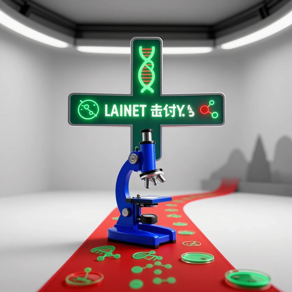 Glossy microscope at crossroads with glowing scientific symbols, one path in shadow, on bright white background