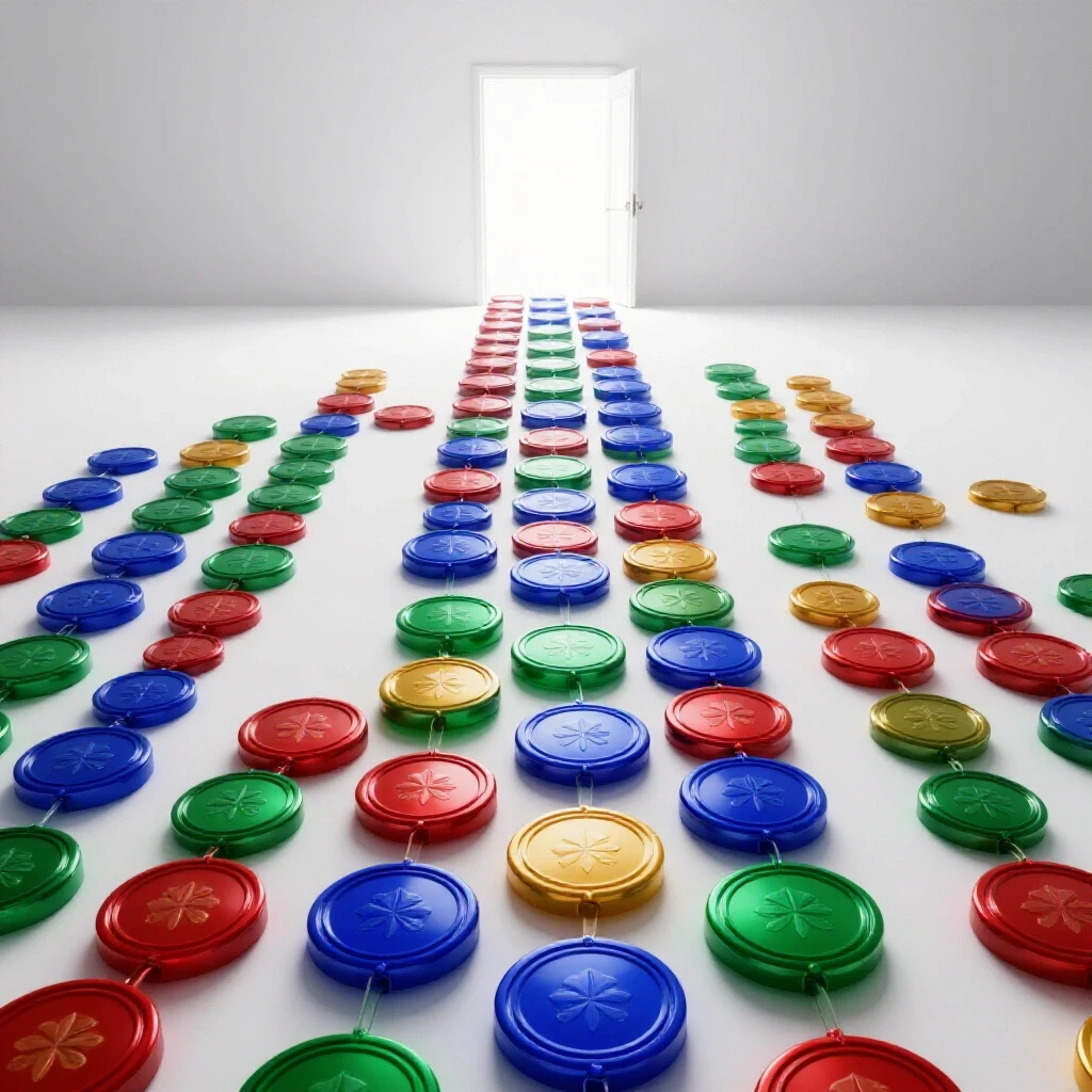 Pathway of colorful, interlocking digital badges leading to a glowing open doorway over a bright white background