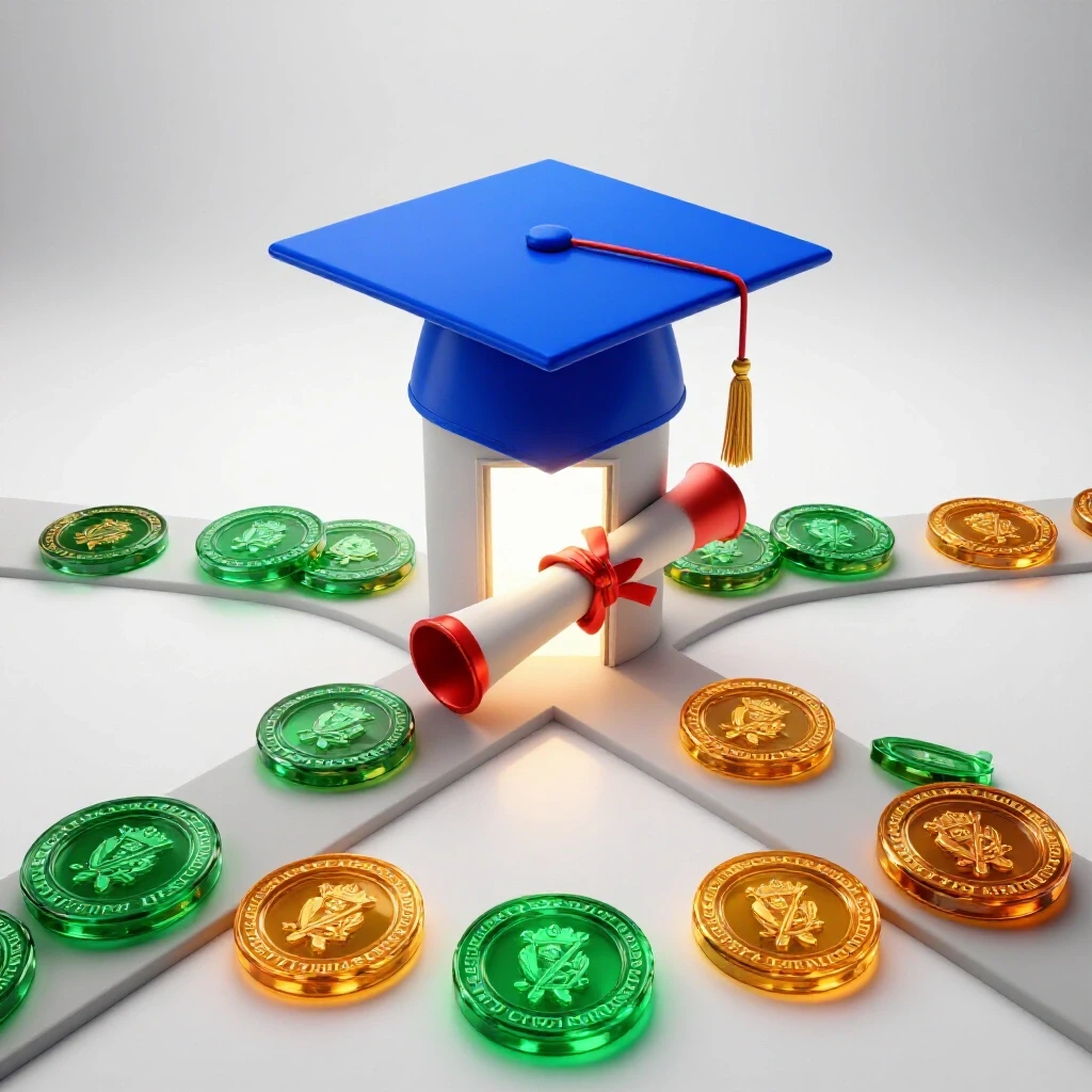 Vivid graduation cap and diploma intersecting with vibrant digital badges at a crossroads, leading to a bright doorway symbolizing career opportunities.