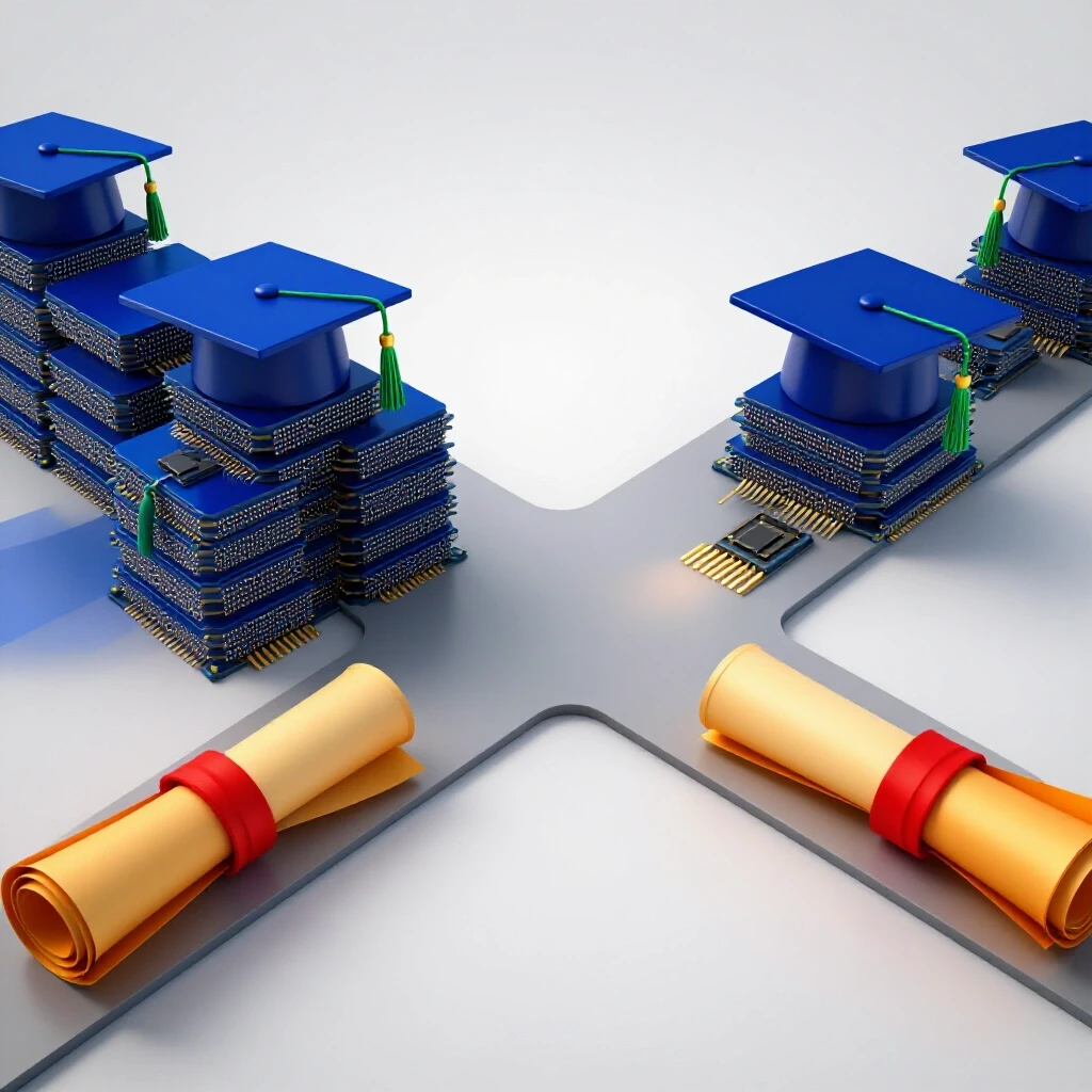 A crossroads with blue microchips and academic caps on one path, and amber diploma scrolls on the other, under dramatic lighting.
