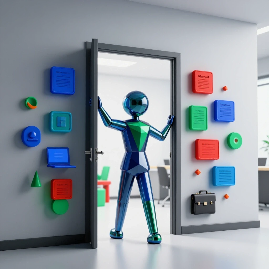 Abstract geometric figure unveils a hidden office doorway revealing symbols of diverse tech career opportunities