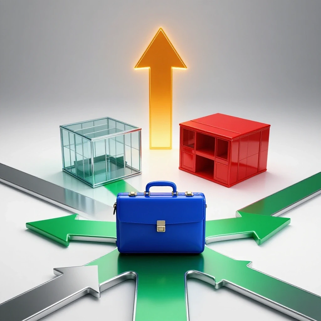 Glossy blue briefcase at a crossroads of green and red office paths with a glowing upward arrow on bright background