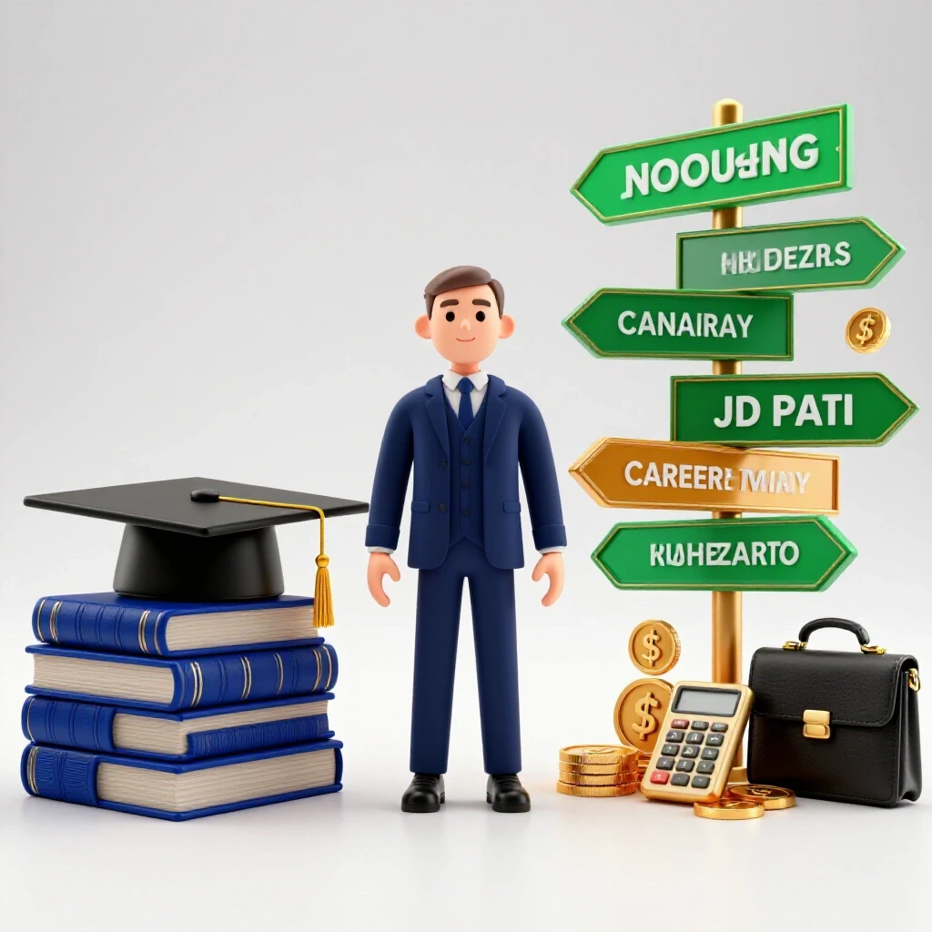 Split image of law books and graduation cap contrasted with career signs and financial symbols, bright studio background