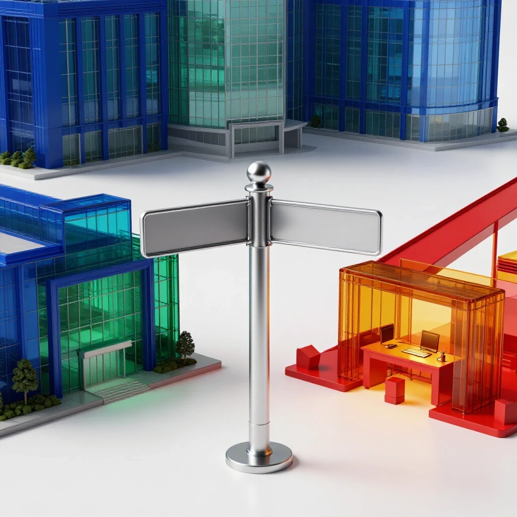 A crossroads signpost with paths leading to a modern university building and a tech workspace, set in a bright white studio environment with vivid, deep colors.