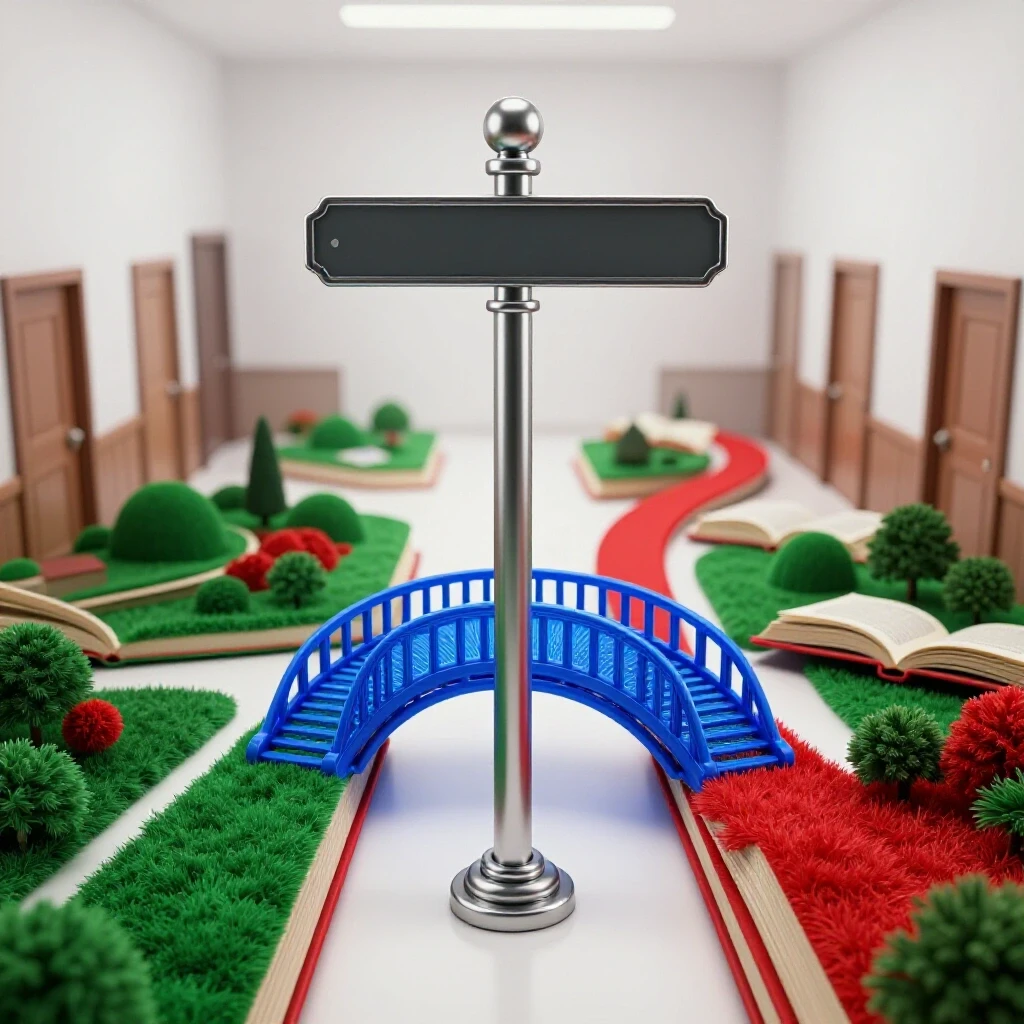 Glossy crossroads signpost with digital bridges and open books leading to vibrant new pathways on a bright backdrop.