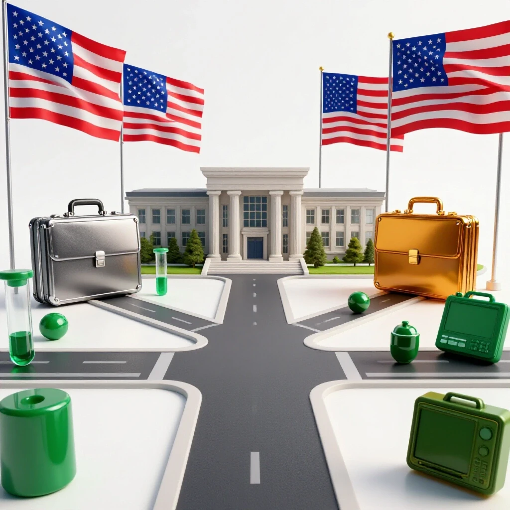 A crossroads scene with university and career icons separated by American flags, symbolizing military benefit choices.