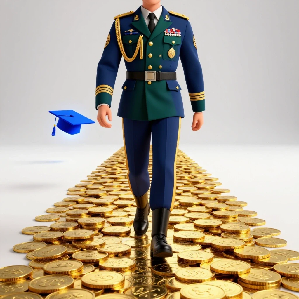 Partial military uniform steps onto a glossy gold coin path leading to a radiant graduation cap in a bright studio.