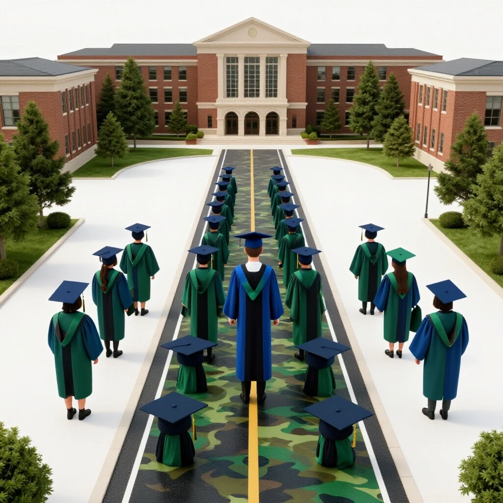 Camouflage pathway merging into a graduation cap-lined academic road, with glossy and vibrant colors on a bright background.