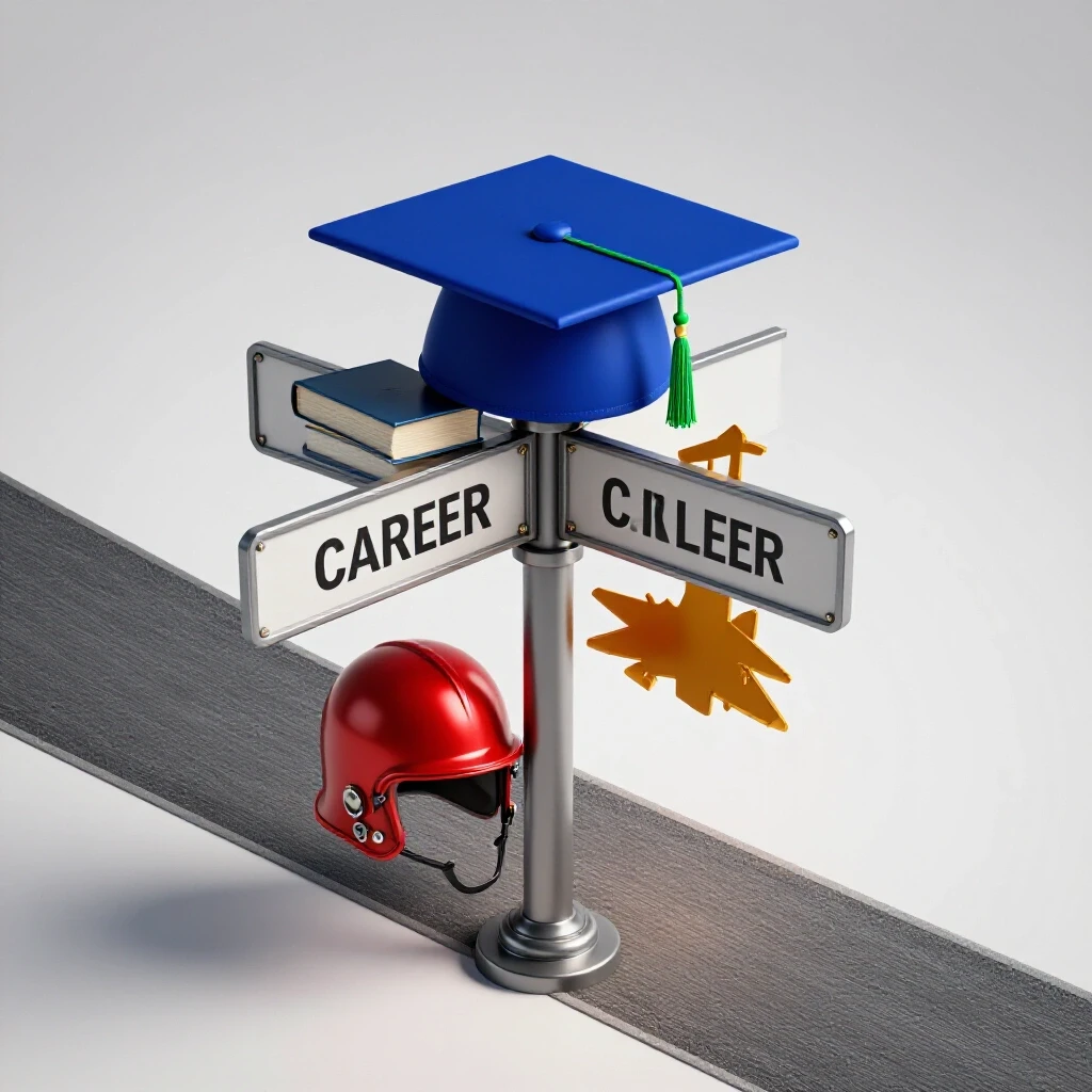 A crossroads signpost splits between a graduation cap and a military helmet with a jet, symbolizing career choices for degree holders.
