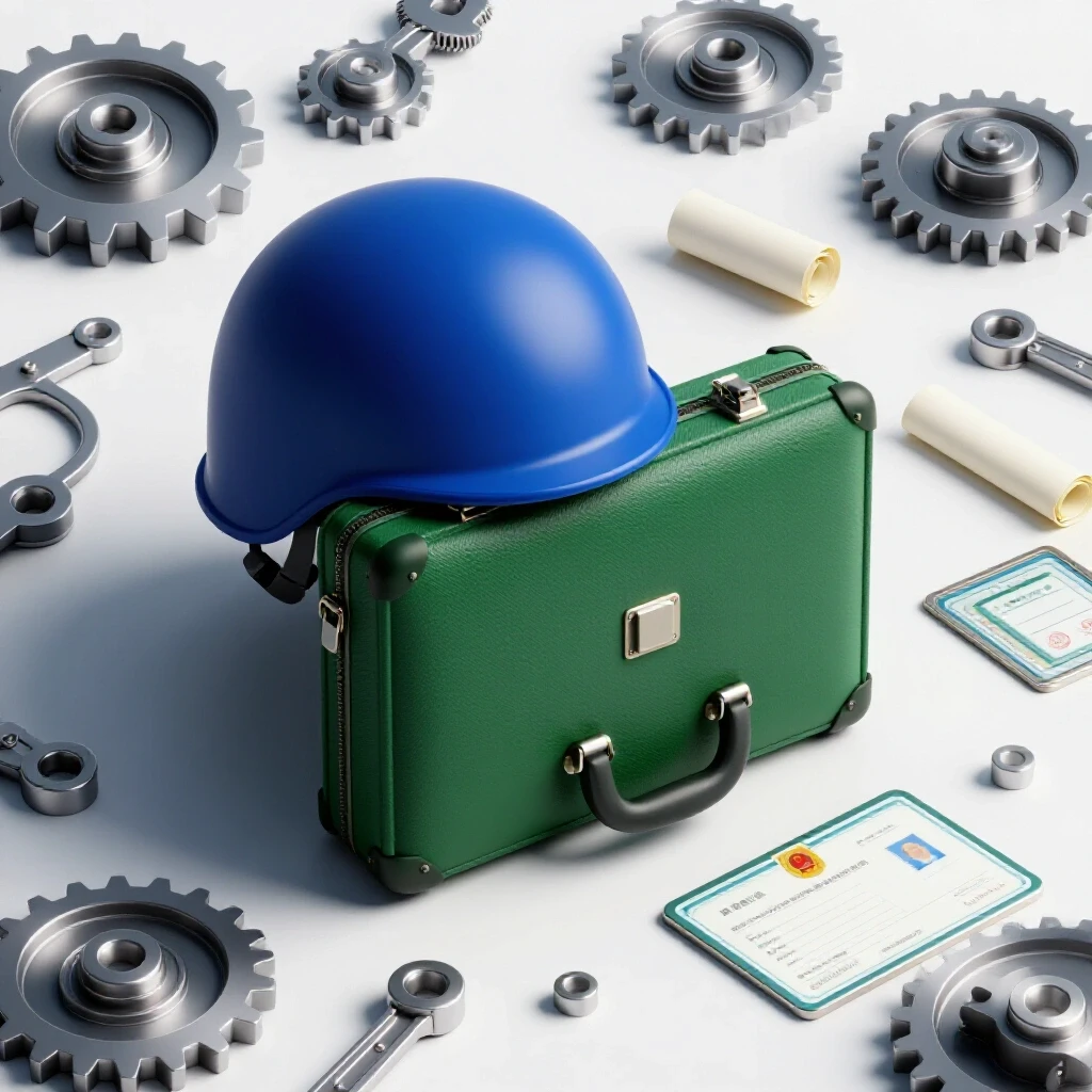A military helmet and civilian briefcase transition from a shadowy area into a bright workspace with technical tools and certification symbols.