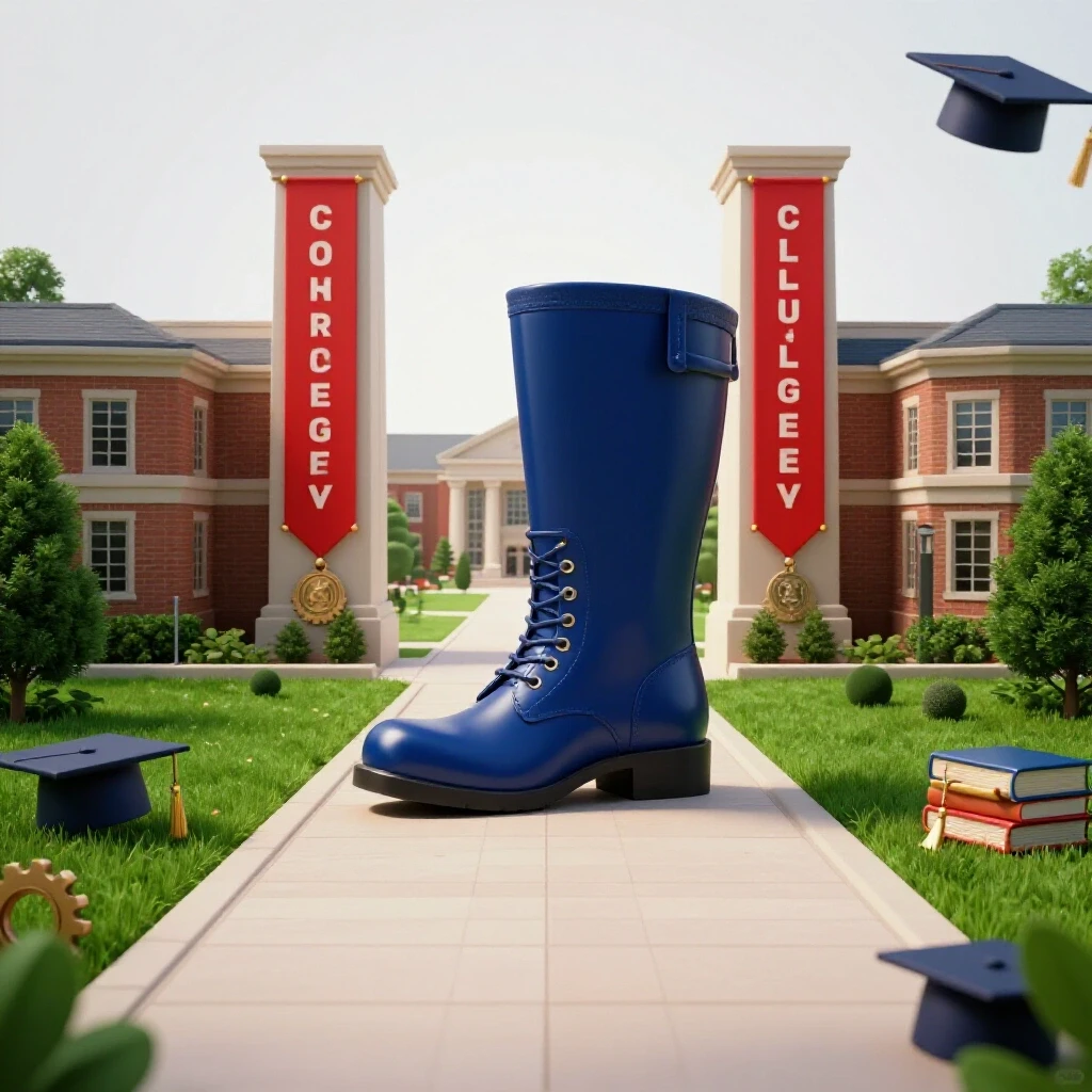Military boot steps onto path morphing into a vibrant college campus, symbolizing transition.