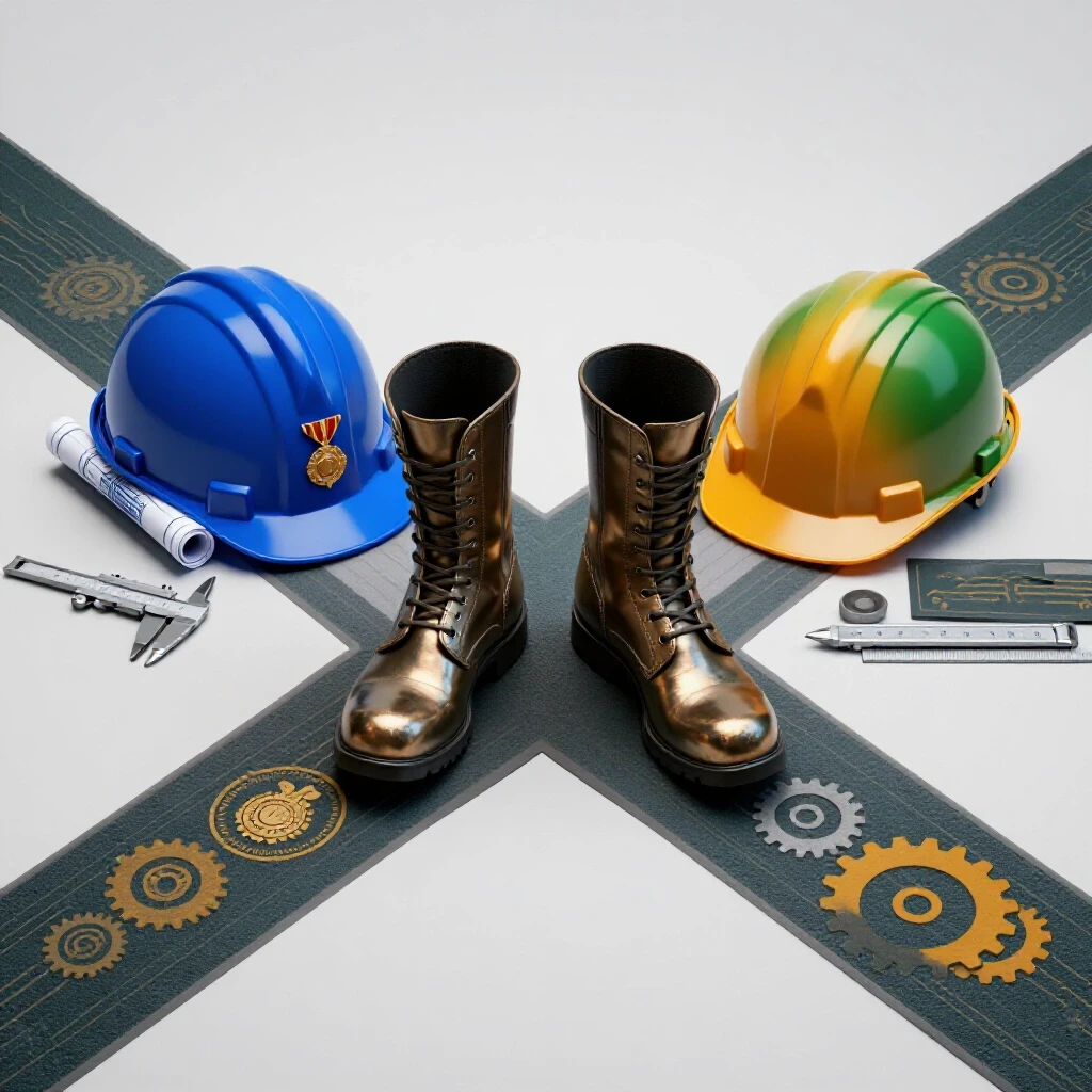 A vivid 3D crossroads with military boots on one path and an engineering hard hat, blueprints, and tools on the other, all on a bright studio background.
