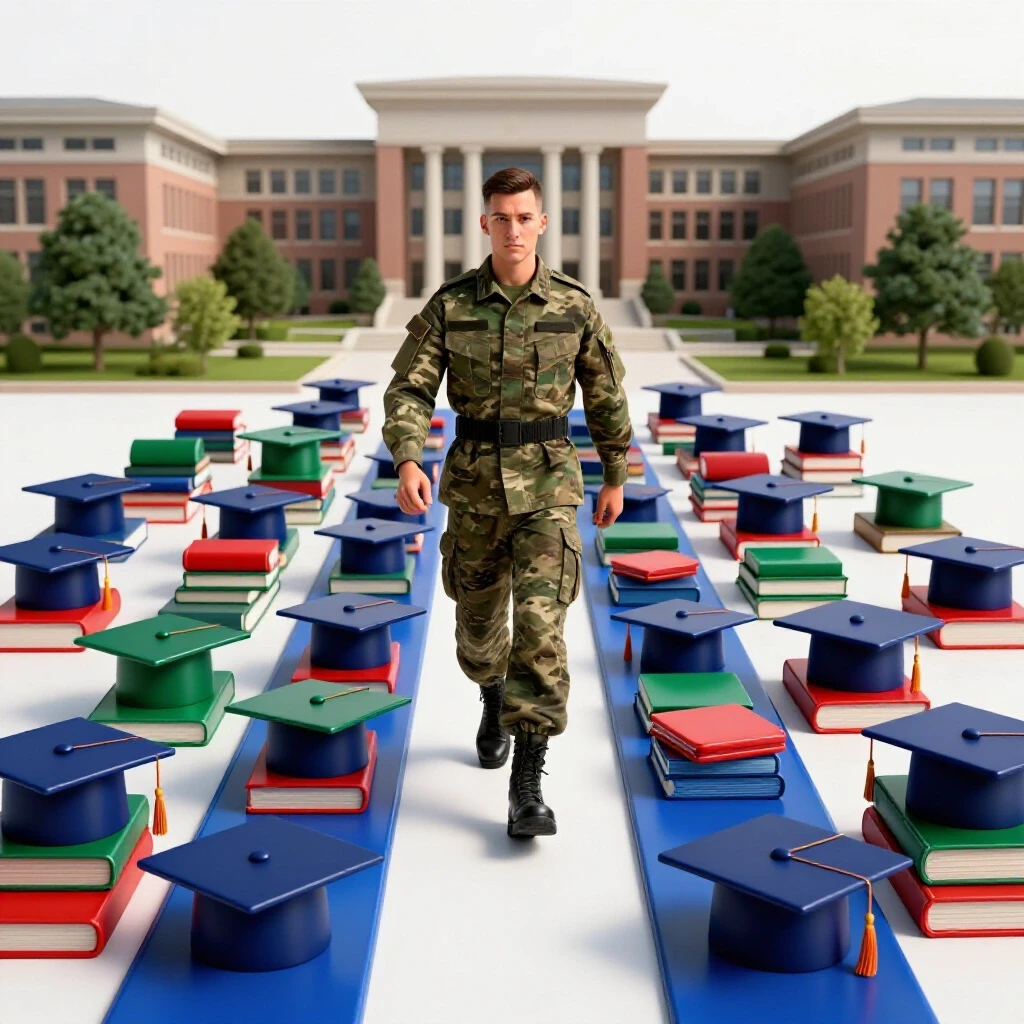 A military uniform morphs into academic symbols on a bright path set against a luminous white background.