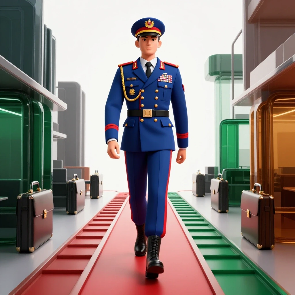 A military figure steps onto a pathway transforming into a vibrant business scene under bright lighting.
