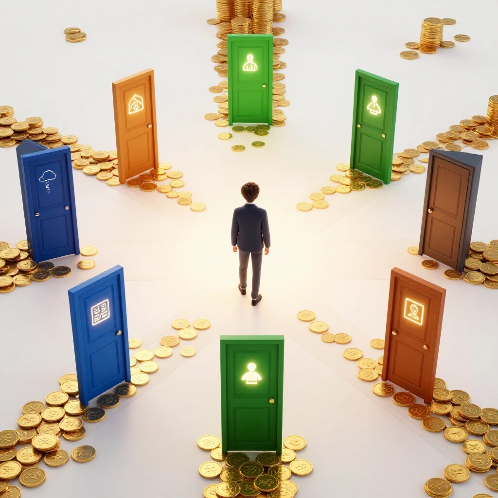 A student stands at a crossroads leading to vibrant doors with glowing profession symbols and golden coins lighting each path.