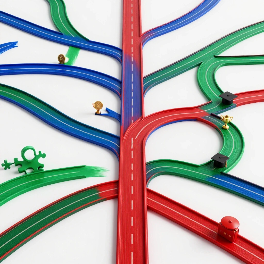 A vivid, multi-branching path with small symbolic objects at each fork on a bright white background.
