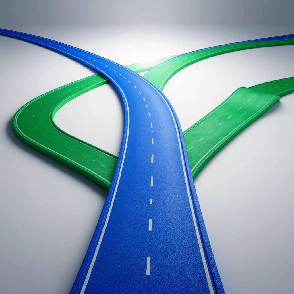 Wide royal blue road and narrower emerald green path diverge toward a bright horizon on a luminous white background.