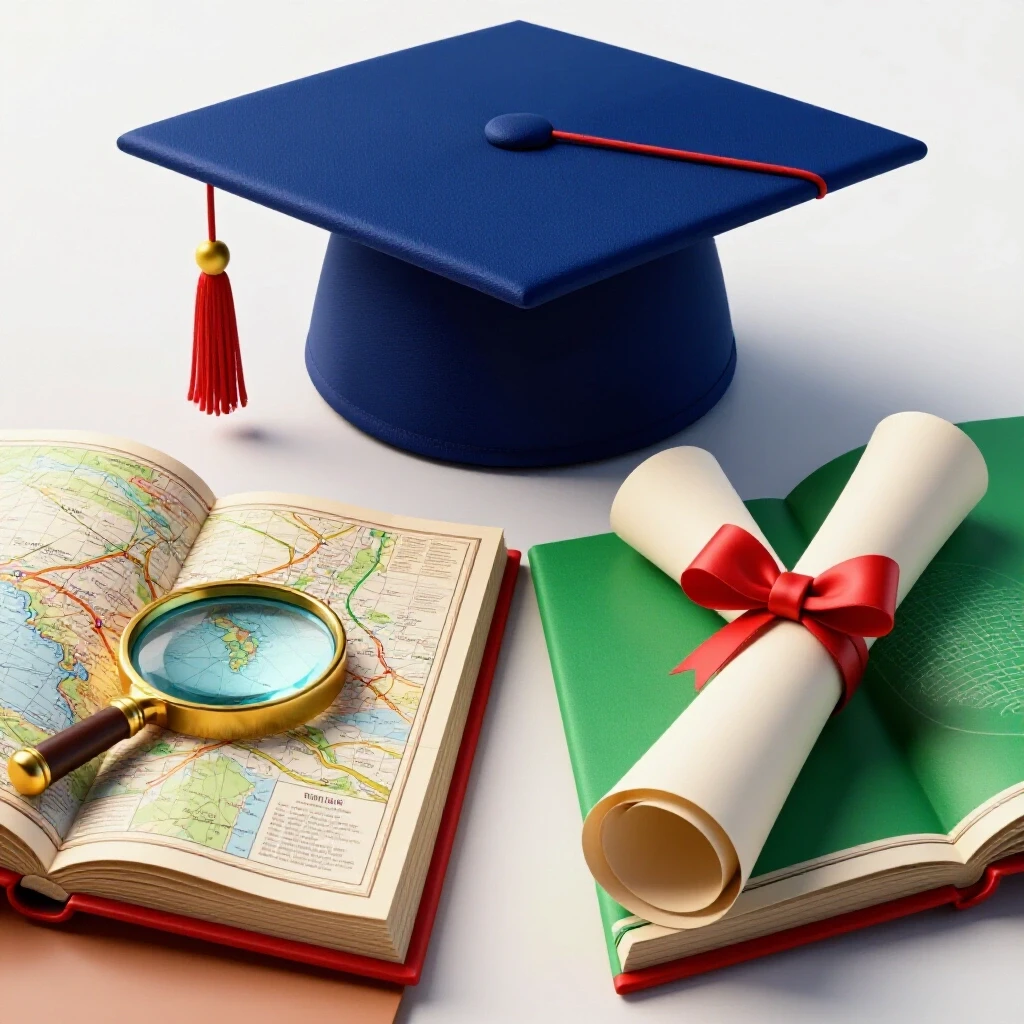 A graduation cap with a split pathway showing a student desk with map on one side and a rolled certificate on the other, on a bright background.