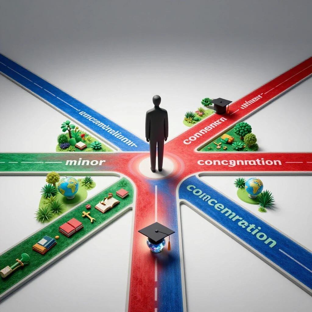A crossroads with one path leading to a vibrant garden of learning symbols and another to a spotlighted academic object, separated by an abstract student figure.