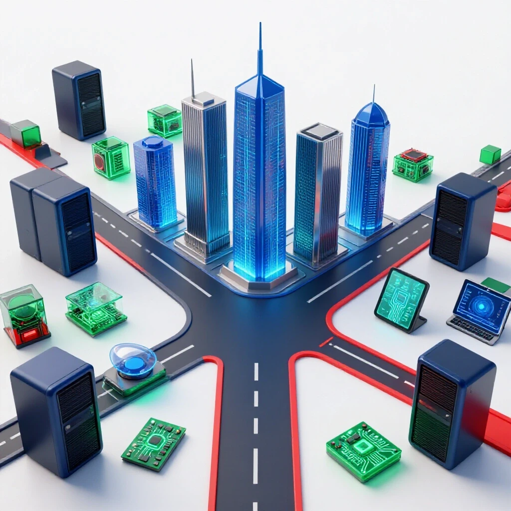 A dynamic crossroads with glowing skyscrapers on one side and futuristic tech lab devices on the other, all in bold colors.