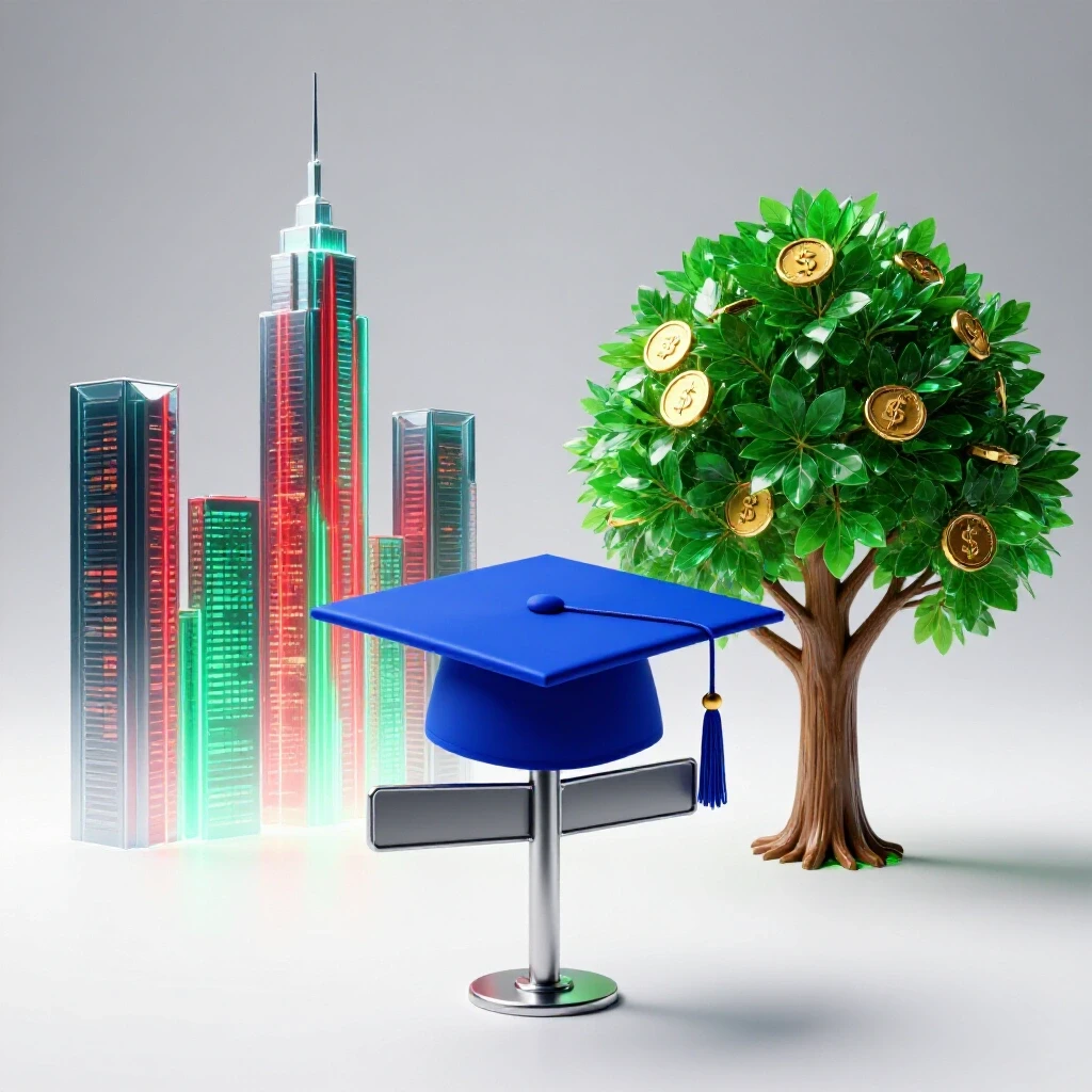 Glossy blue graduation cap at a crossroads signpost between a glowing city skyline with digital streams and a lush coin-bearing tree on a bright white background.