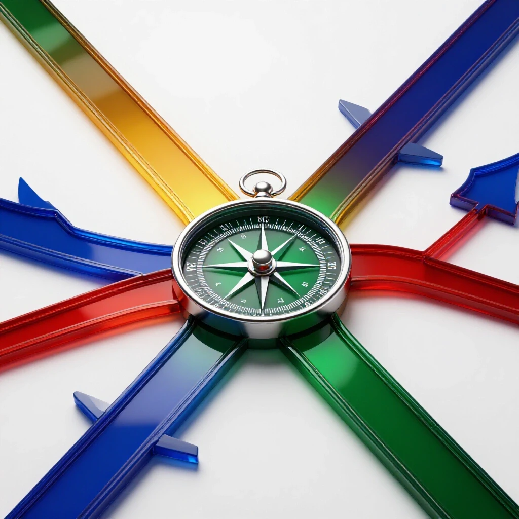 Radiant metallic compass at the center of diverging glossy paths on a white background, glowing with clarity and purpose.