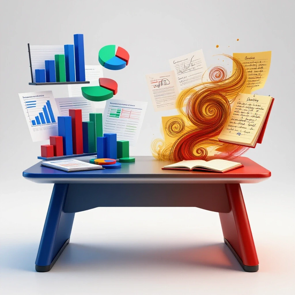 A split student desk showing vibrant 3D graphs on one side and swirling handwritten notes on the other, blending at center.
