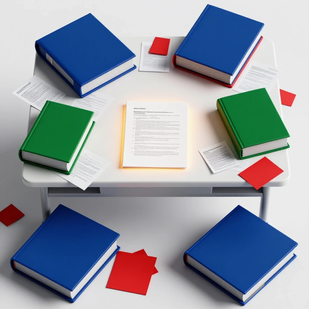Cluttered student desk with vibrant papers and notes under a glowing spotlight, highlighting a neat document in a bright, clean room.