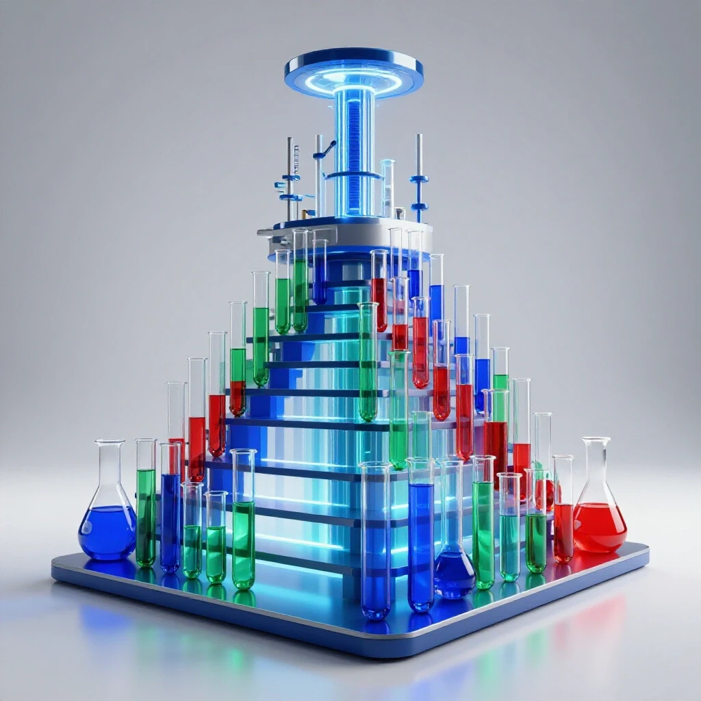 Glowing staircase of colorful test tubes and beakers leads upward toward a bright advanced laboratory.