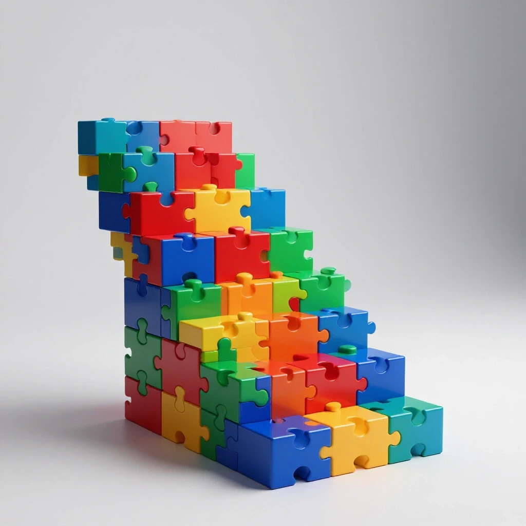 Glowing colorful puzzle pieces forming an ascending staircase, symbolizing modular learning progression.