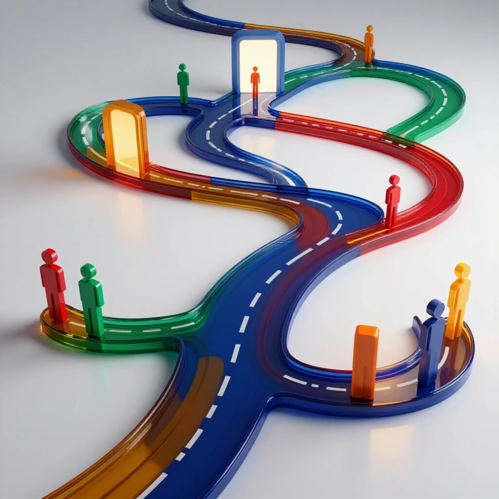 Vivid digital winding pathway with abstract shapes passing through glowing gateways, symbolizing diverse MOOC journeys.