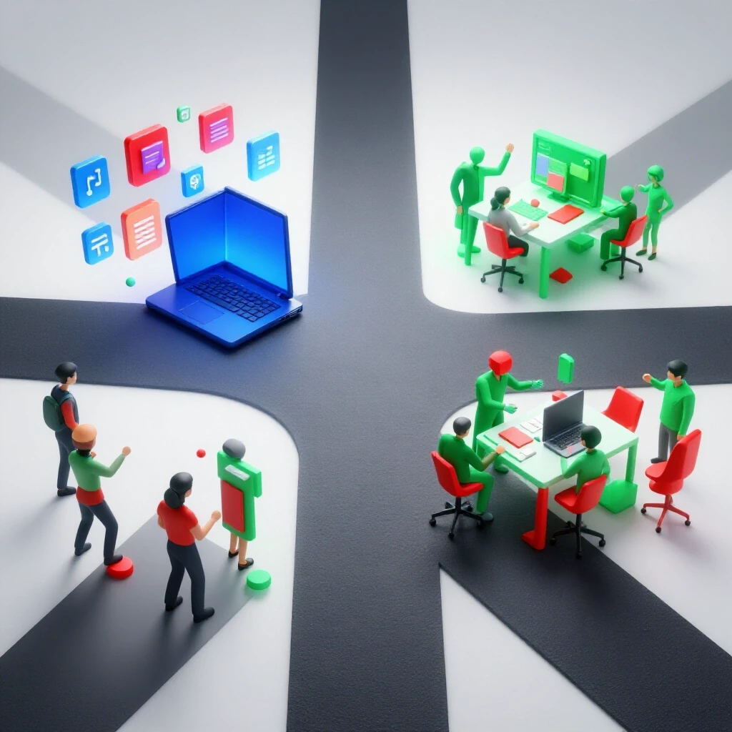 A crossroads with a glowing blue laptop and digital icons on one path, and vibrant geometric objects collaborating at a bright workspace on the other, set against a luminous white background.