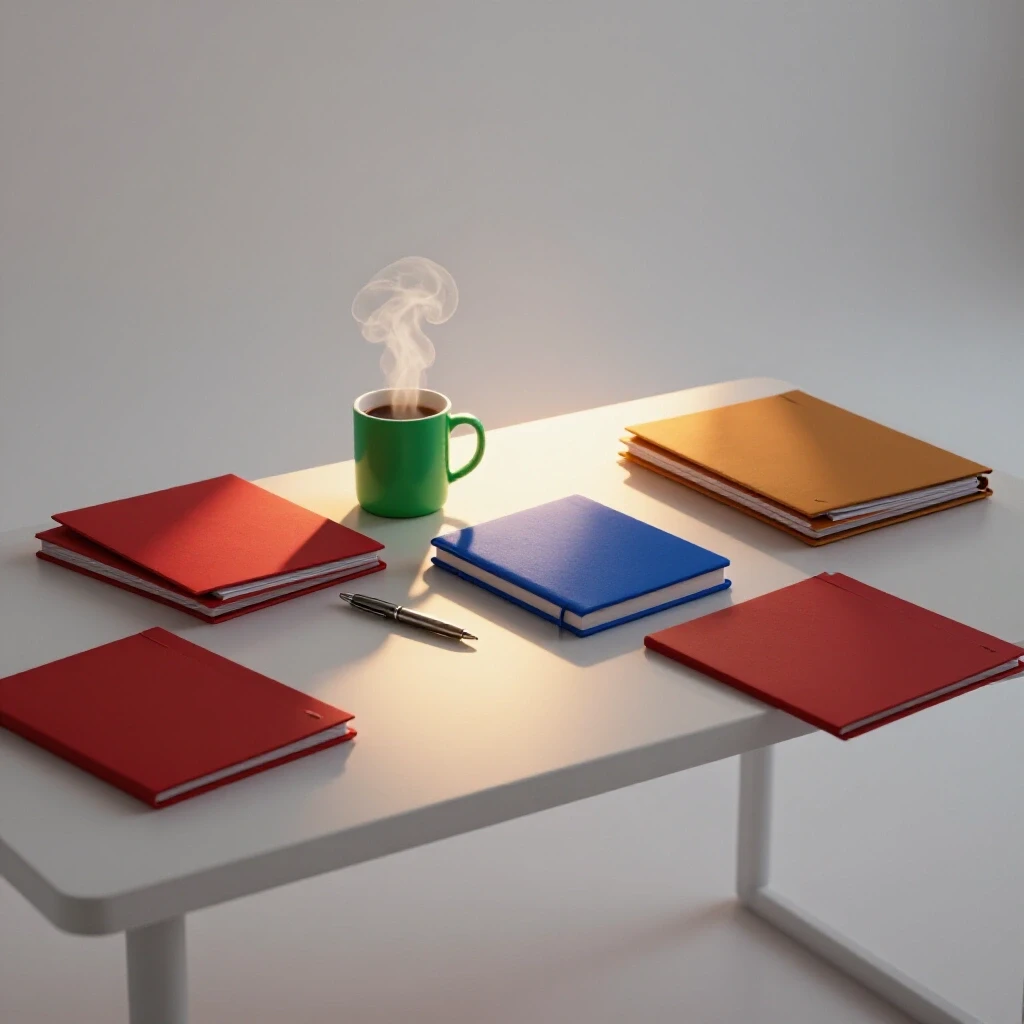 Sunrise light shines on an organized desk with colorful study materials, coffee mug, and academic supplies.