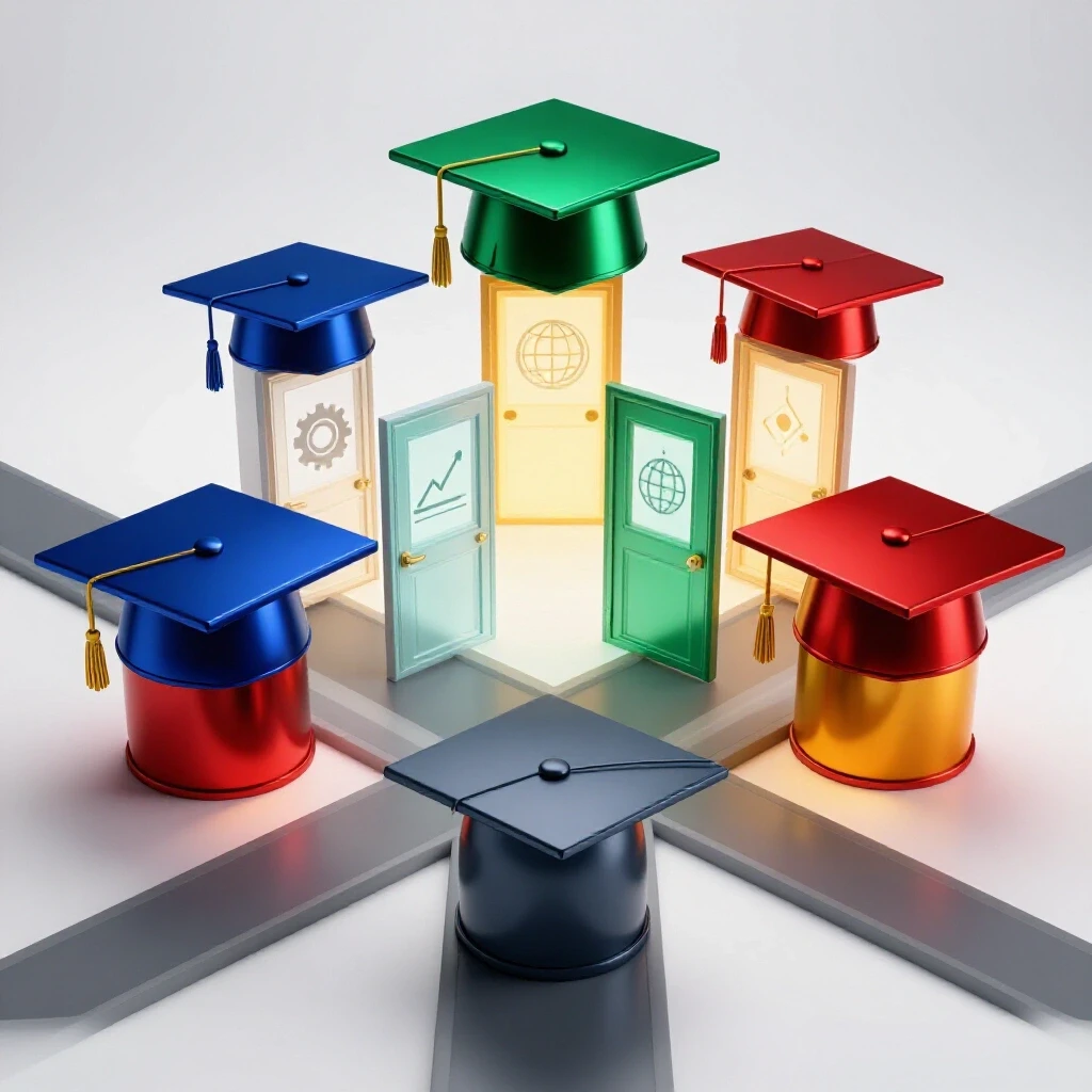 Four vivid graduation caps at a crossroads before glowing symbolic doors on a bright white background