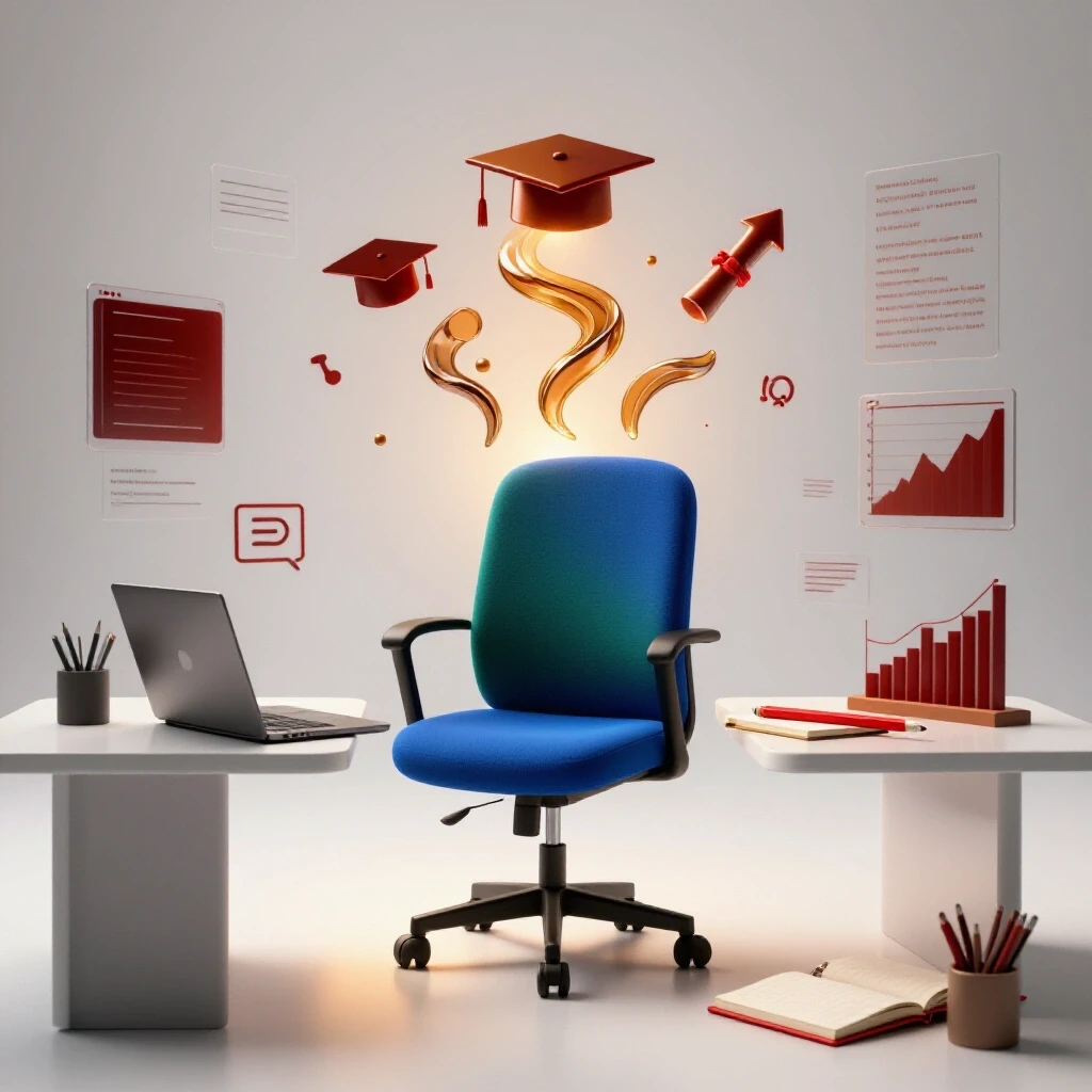 A brightly lit study setup with a vivid chair, digital tools, and swirling symbols of growth on a luminous white background.