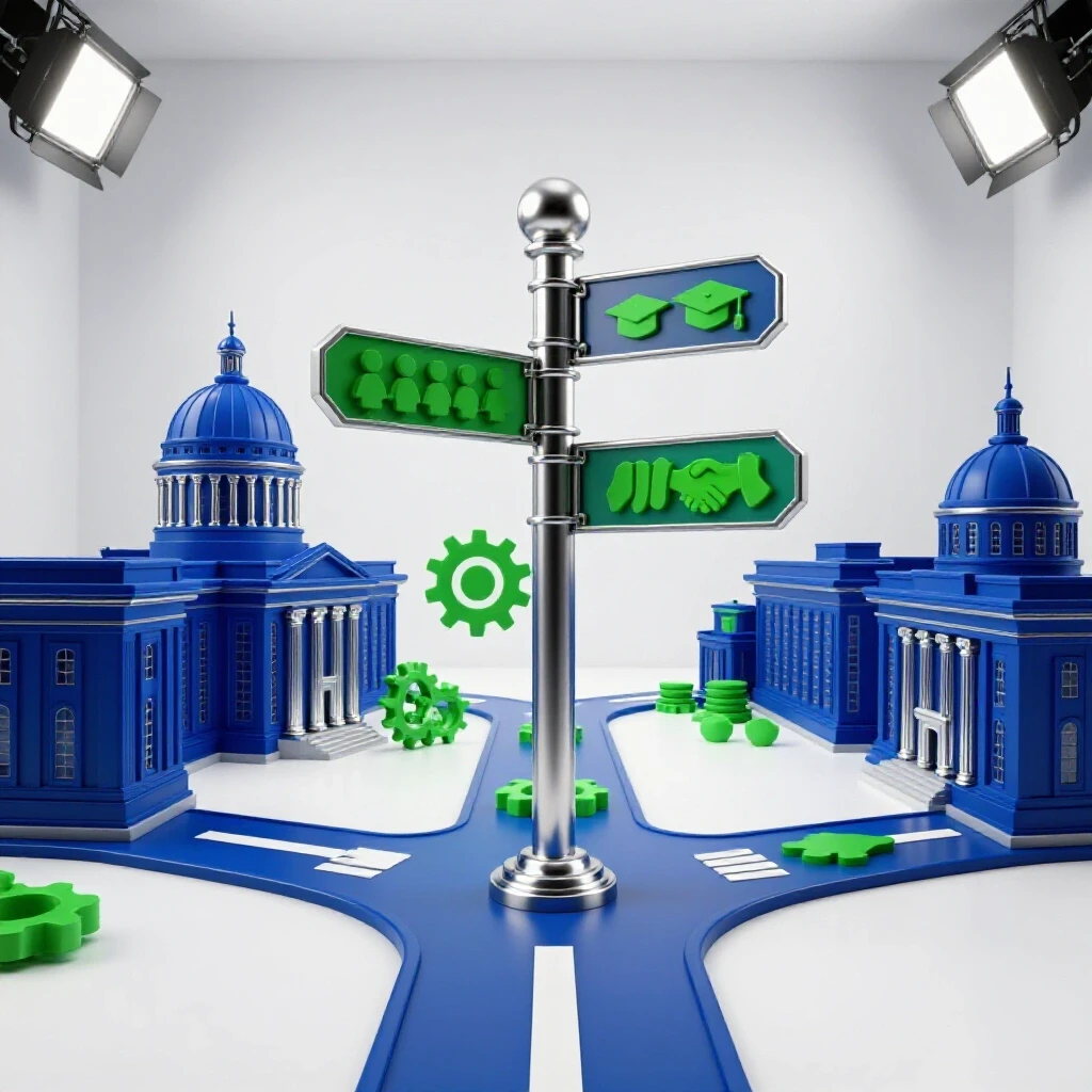 Glossy signpost at crossroads with blue government buildings on one path and green community symbols on another, set in a bright studio scene.