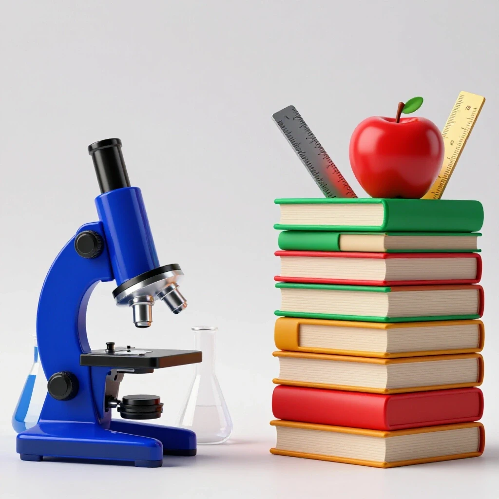 A split scene showing a vibrant science lab with glossy research tools on one side and bright classroom objects on the other, set on a clean white background.