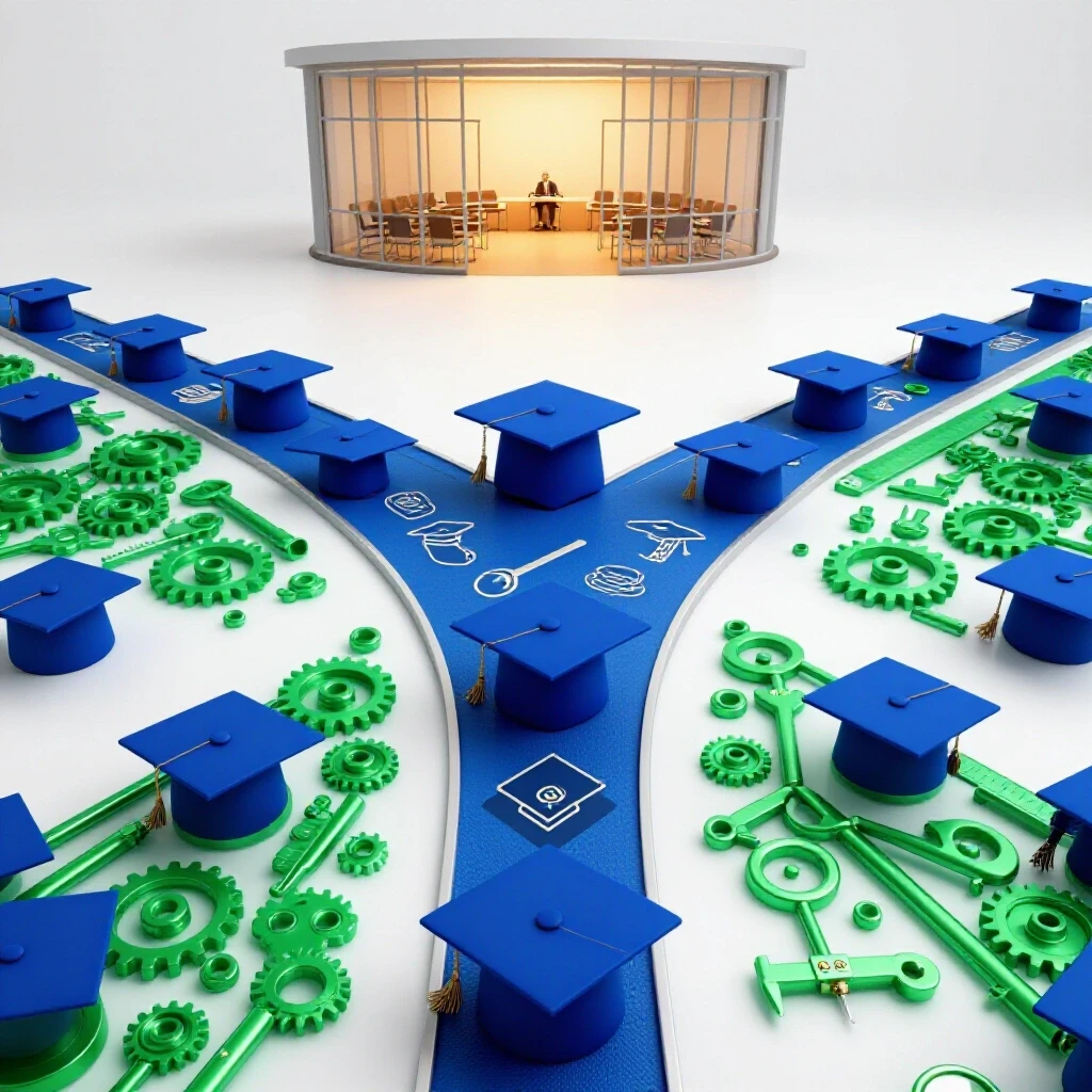 Diverging paths at a crossroads, one lined with graduation caps, the other with engineering tools, both leading to a glowing interview room.