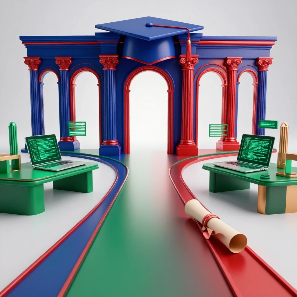 A split pathway scene with academic symbols on one side and tech startup elements on the other, both leading to a bright horizon.