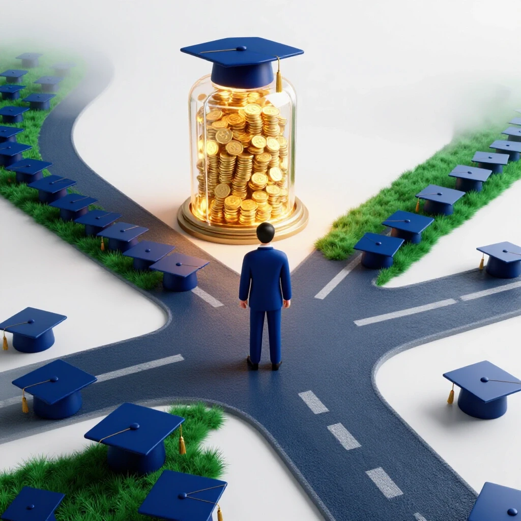 A figure at a crossroads with one path paved with graduation caps leading to a glowing vault of coins and another path fading into uncertainty.