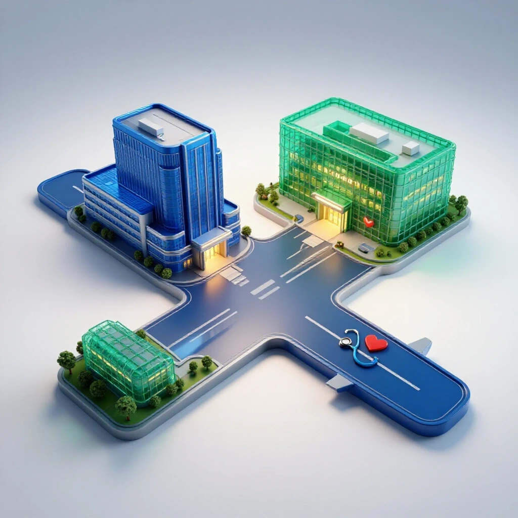 Bright studio scene of a crossroads with deep blue hospital and emerald community clinic symbols diverging.