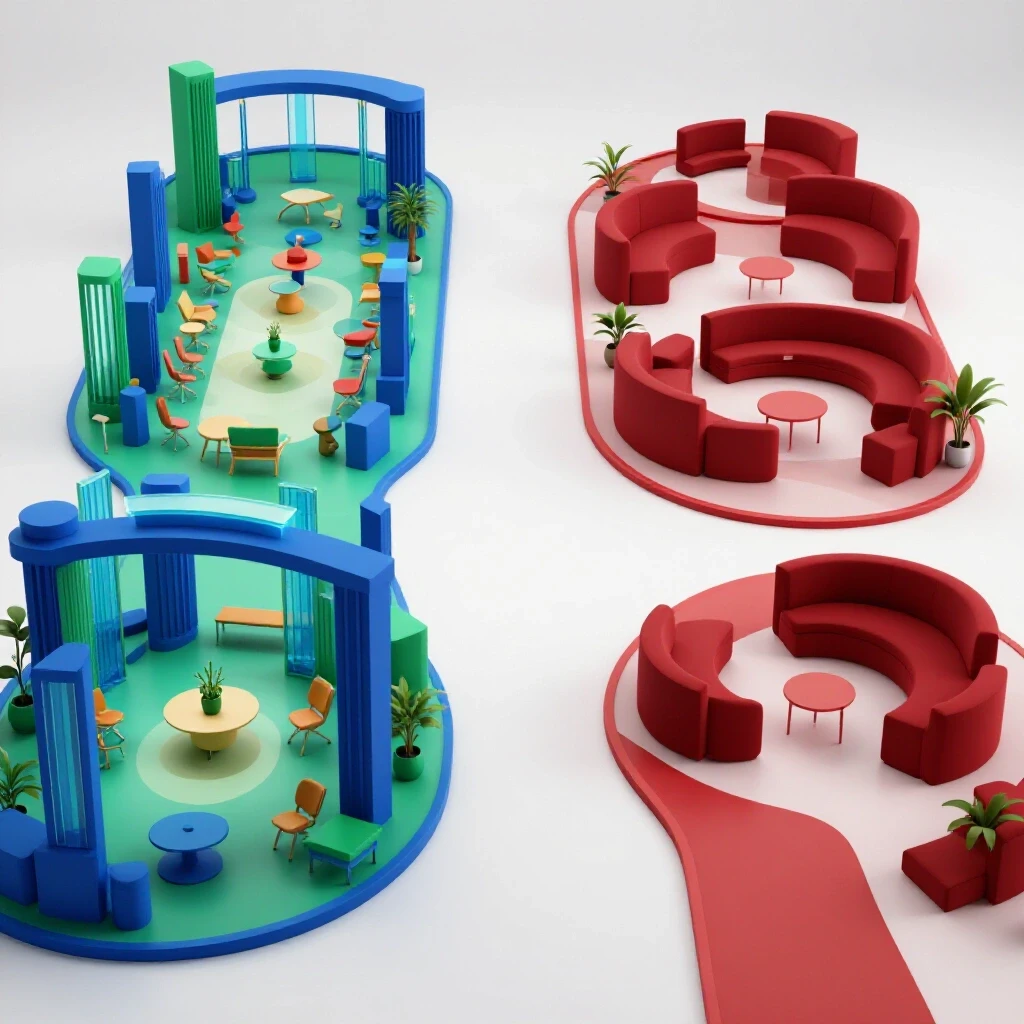 Two brightly colored, diverging 3D pathways leading to a community center and counseling room with vivid objects on a white background.