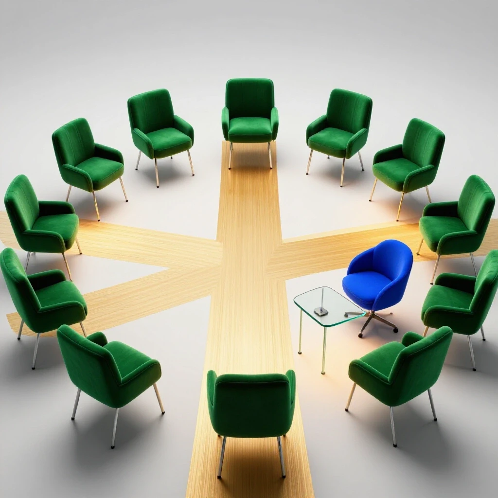 Crossroads with plush green group therapy chairs on one path and a royal blue solo chair for counseling on the other, set in a bright studio.