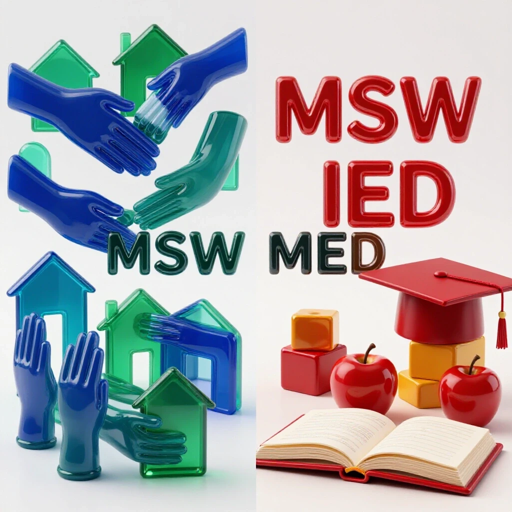 Split scene with vivid colored symbols of social work like helping hands and community homes on one side, and vibrant classroom motifs like books and graduation caps on the other, set against a brightly lit, clean background.