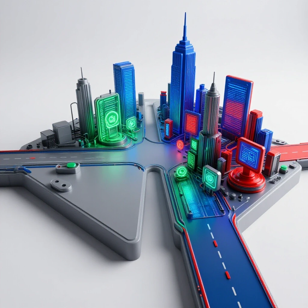 A crossroads where one path leads to a vibrant digital cityscape with creative tools, while the other fades into a dull gray landscape, symbolizing multimedia degree choices.